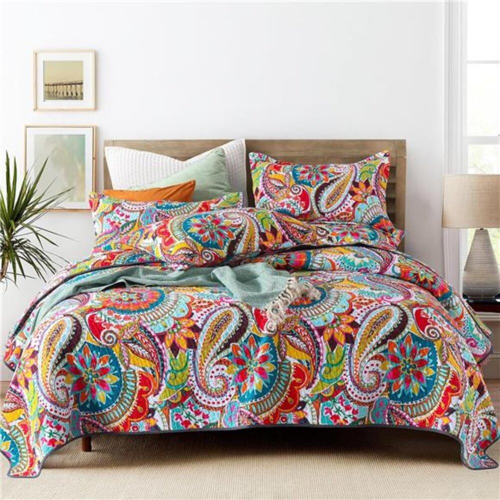 Boho Quilts King Size, Colorful Paisley Print Cotton Bedspreads King Size